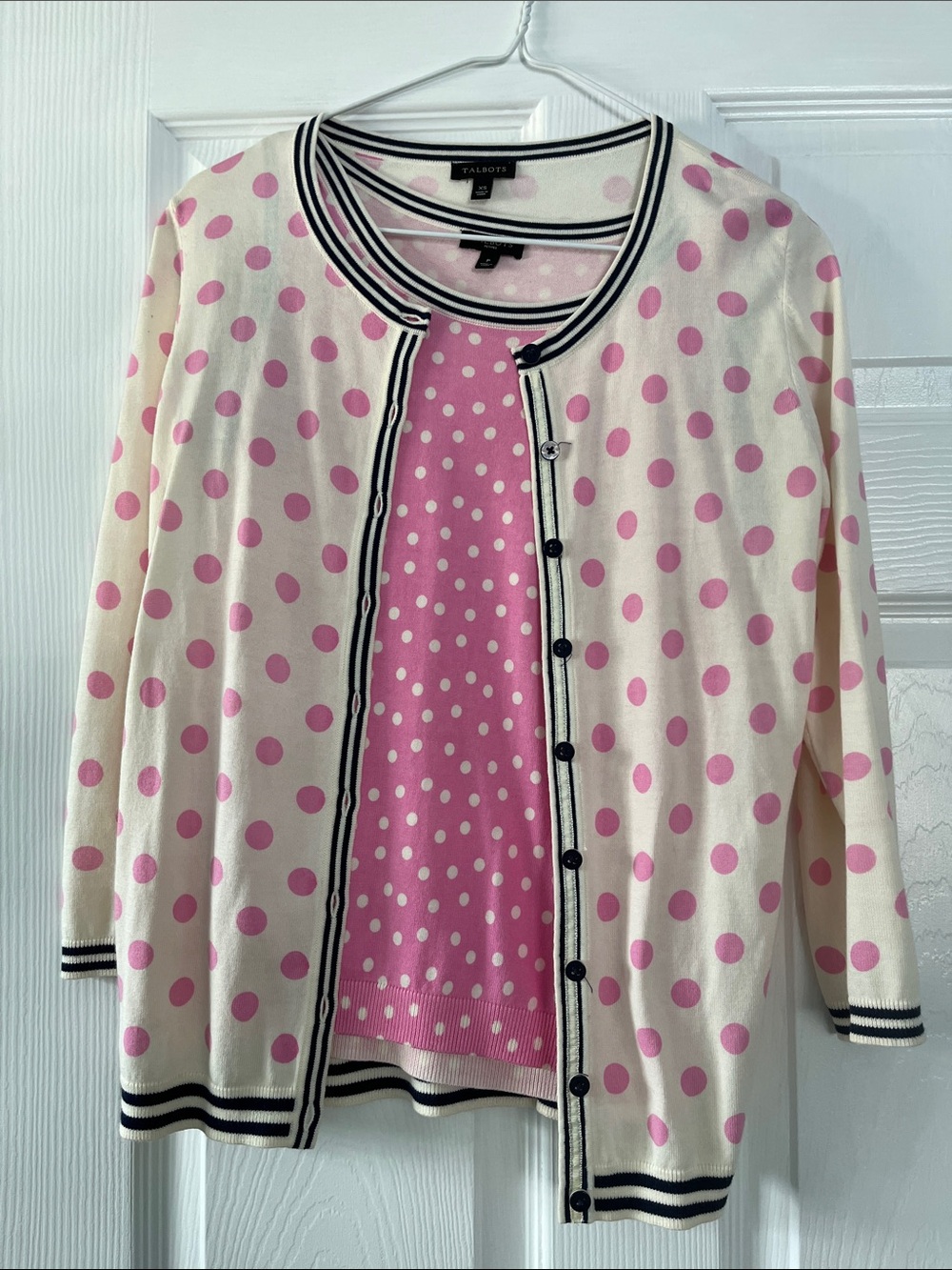 Talbots Cream and Pink Polka Dot Cardigan Set